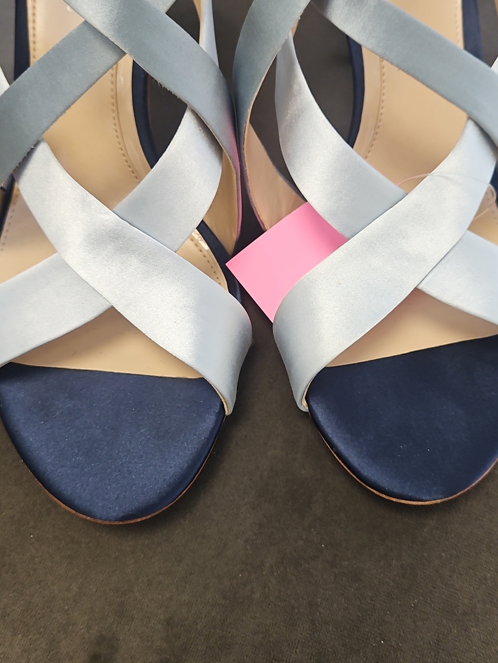 Size 8.5 Ice Blue Combo w/ Navy Satin Strappy 3.25" Heels, Vince Camuto - Picture 5 of 12